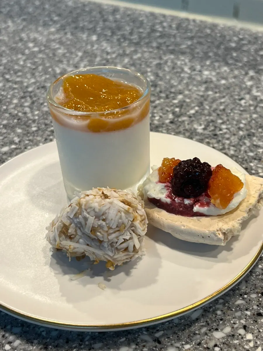 Trio of desserts: pavlova, mochi cream, and milk pudding