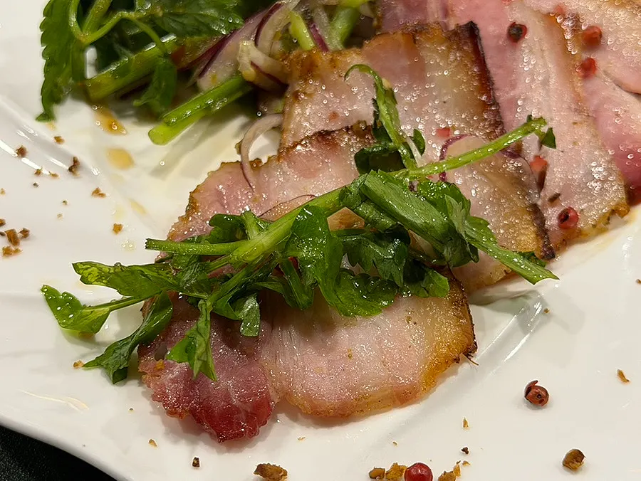 Oven-roasted pork belly with minari salad