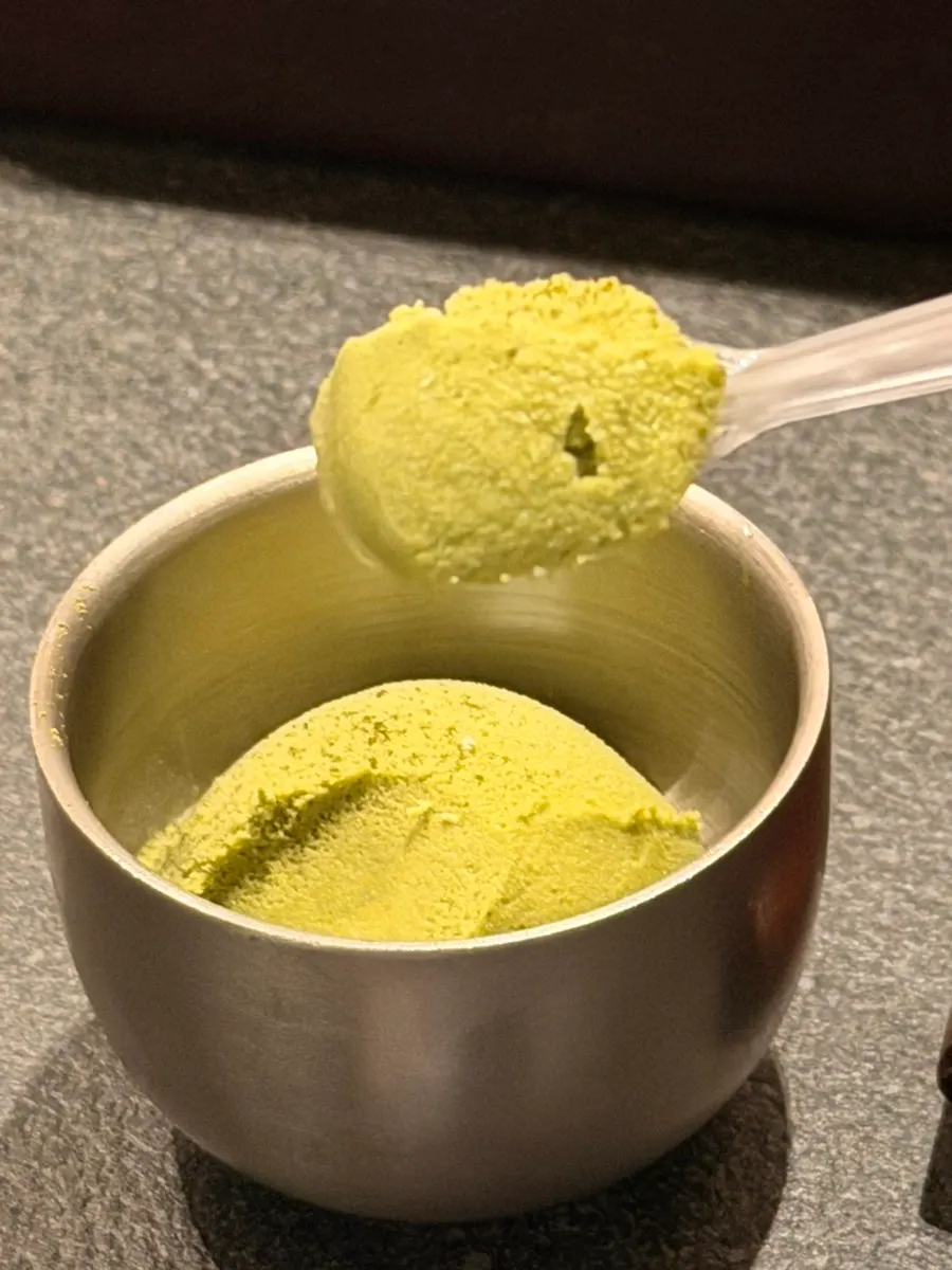 Green tea ice cream served after the meal