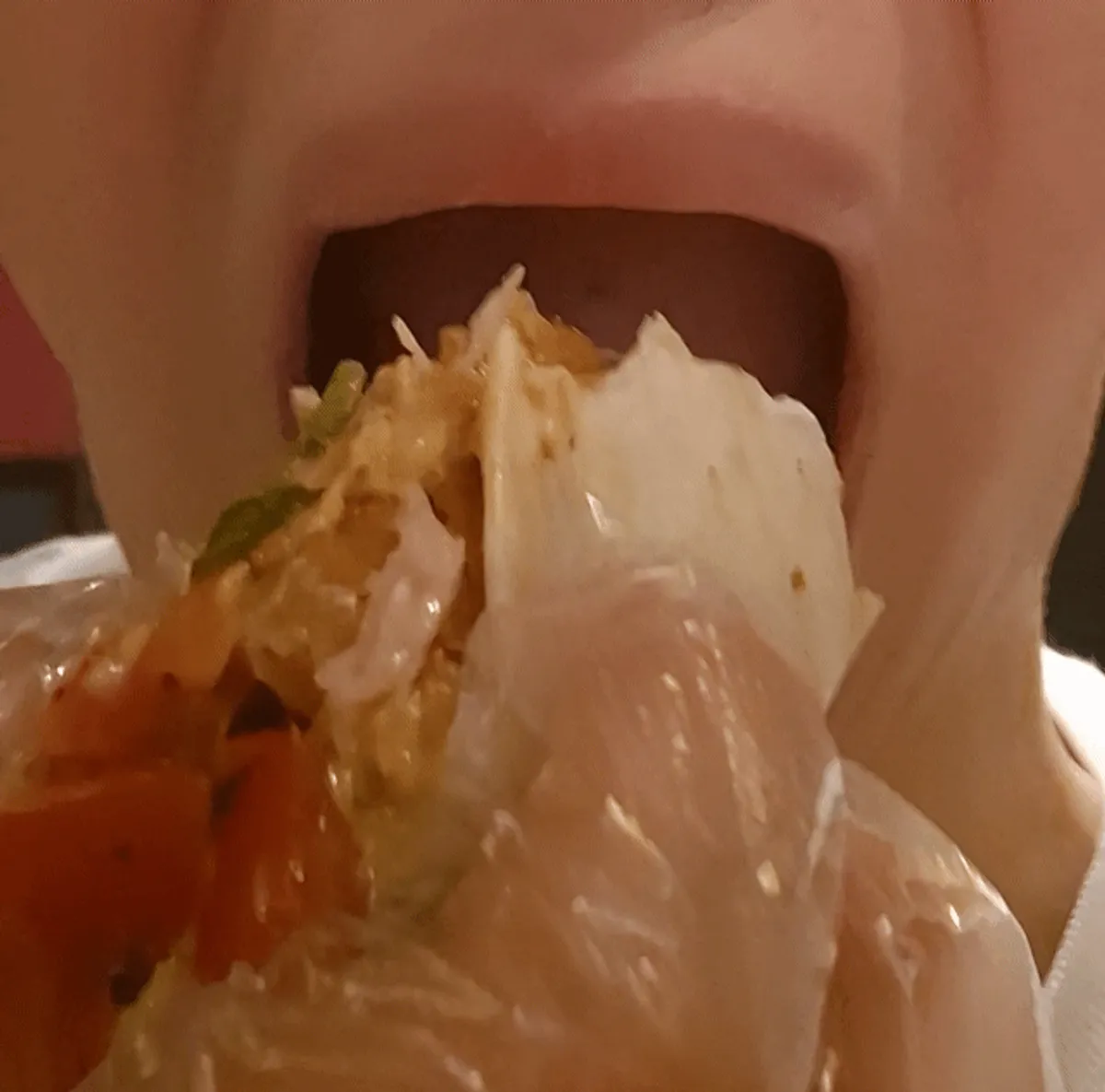 Wearing plastic gloves while rolling and eating a tortilla wrap