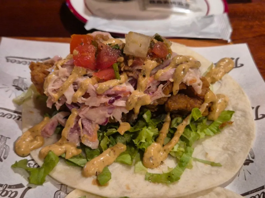 Two tacos packed full of filling