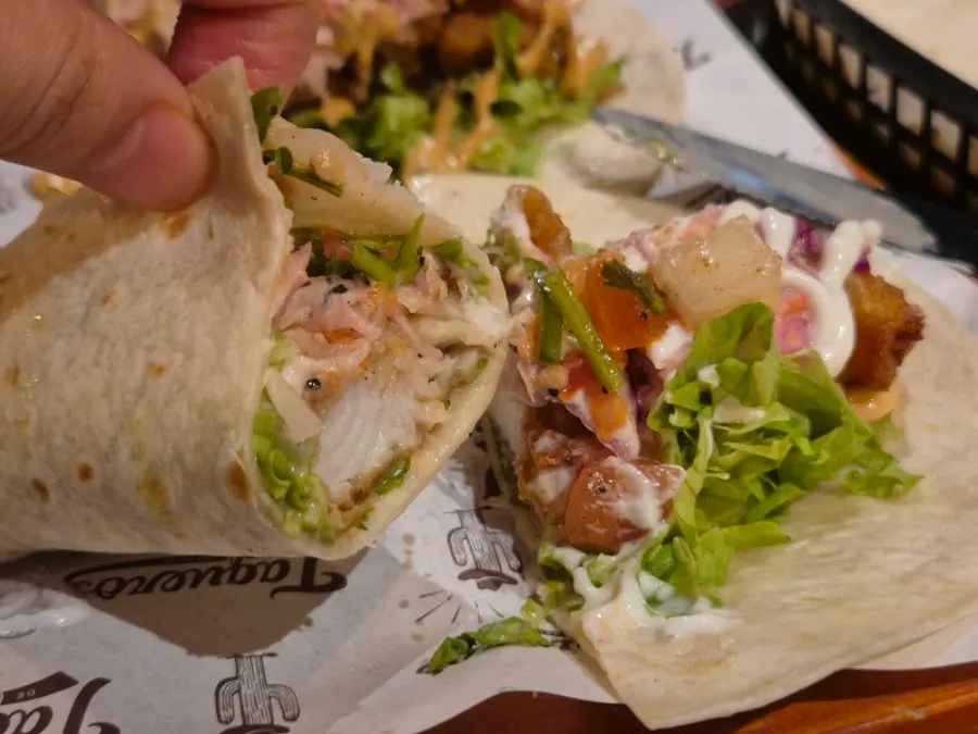 Cross-section of a fish taco cut in half
