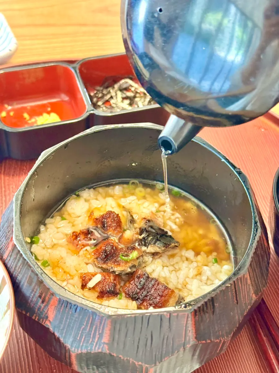 Eel rice bowl turned into ochazuke with dashi poured over