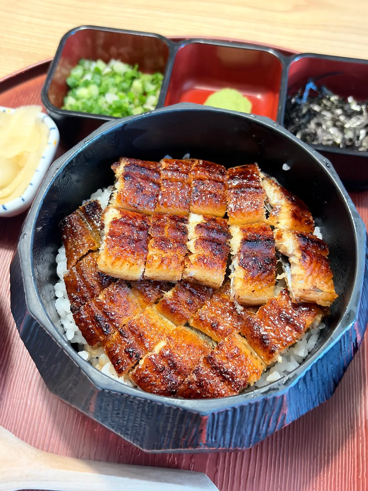 Rice bowl of hitsumabushi topped with glossy eel