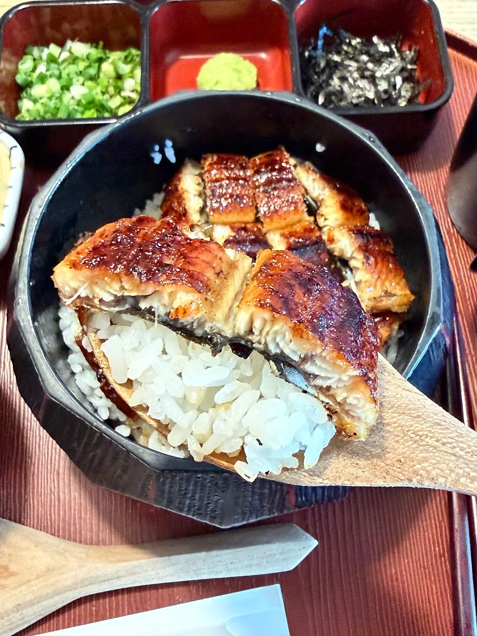 Close-up of a piece of eel placed on rice