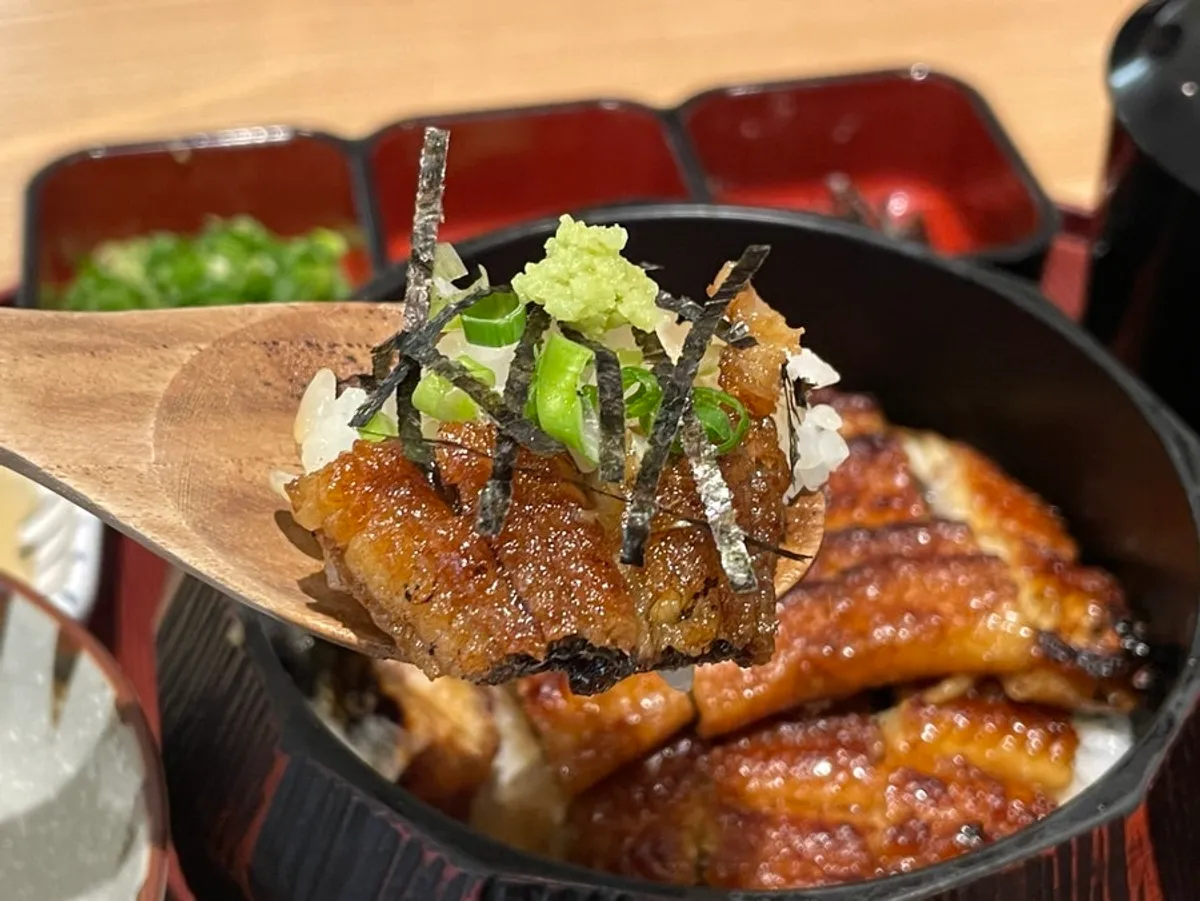 A bowl of eel rice topped with chives, seaweed, and wasabi