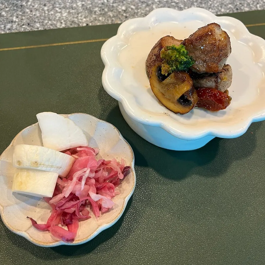 Cross-section of the shiitake lasagna with white ragu sauce