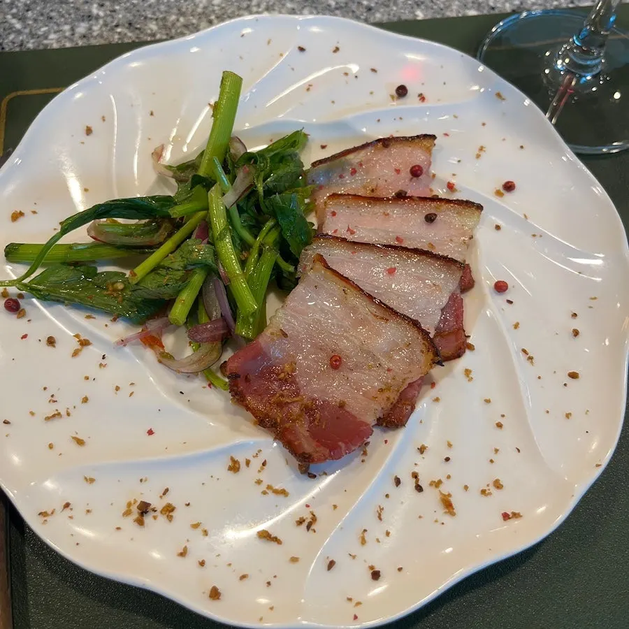Thinly sliced pork belly main dish with minari