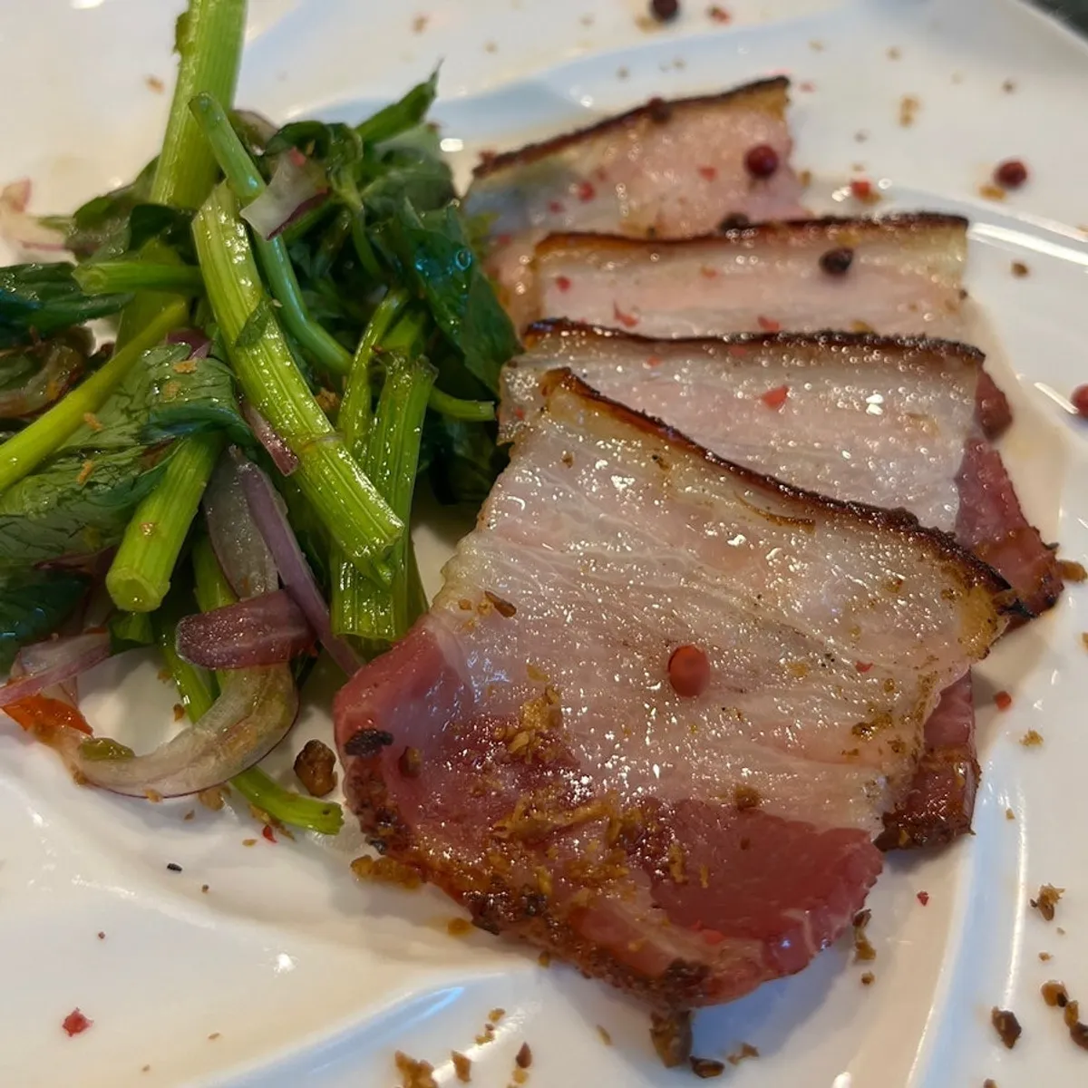 Close-up of pork belly seasoned with hwajiao and cumin
