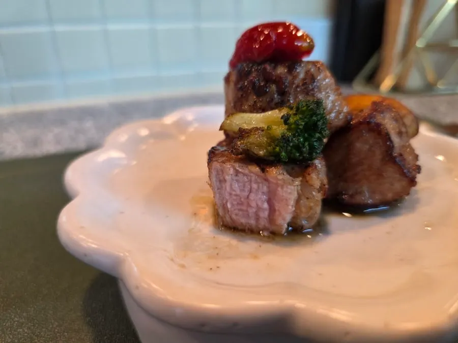 Cross-section of the tender, thinly sliced pork tenderloin