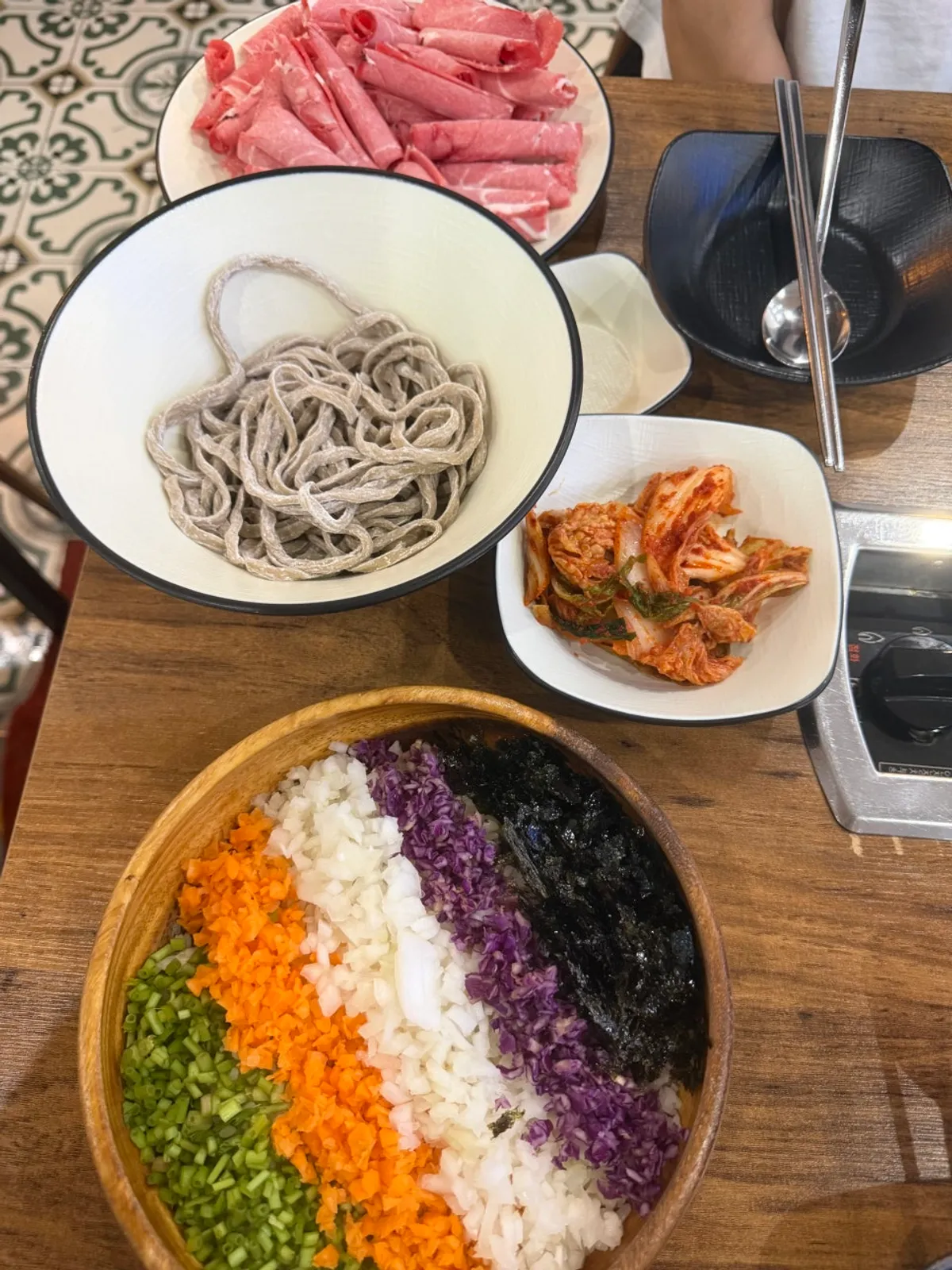 Shabu-kalguksu table spread at Yangcheon Shabu Son Kalguksu, Magok Main Branch
