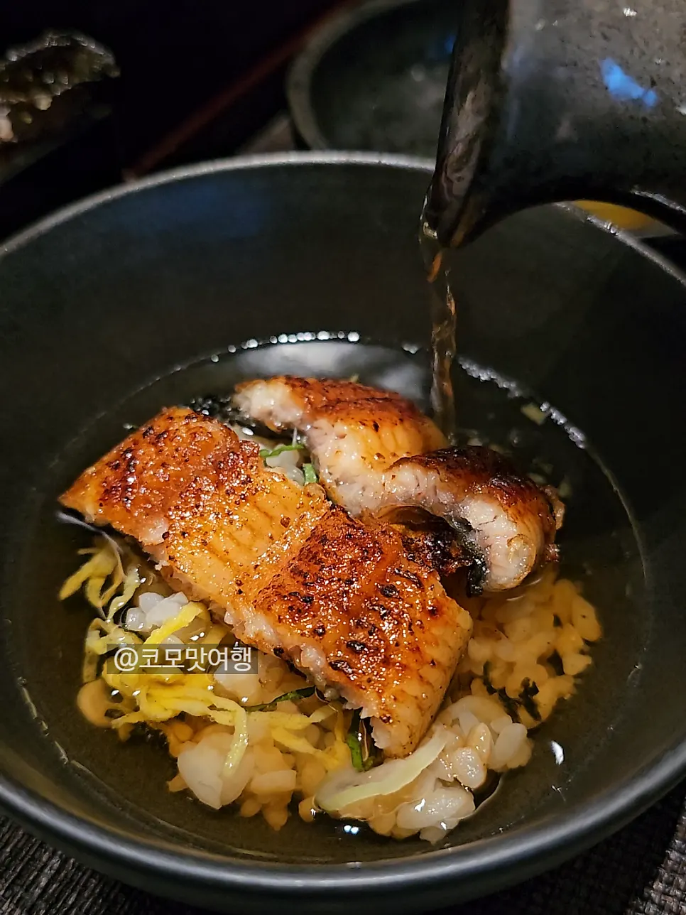 Eel rice bowl enjoyed as ochazuke