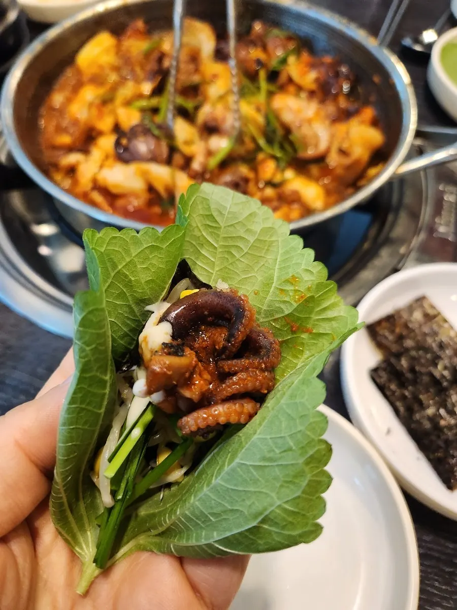 Perilla-leaf wrap with jjukumi and pork belly