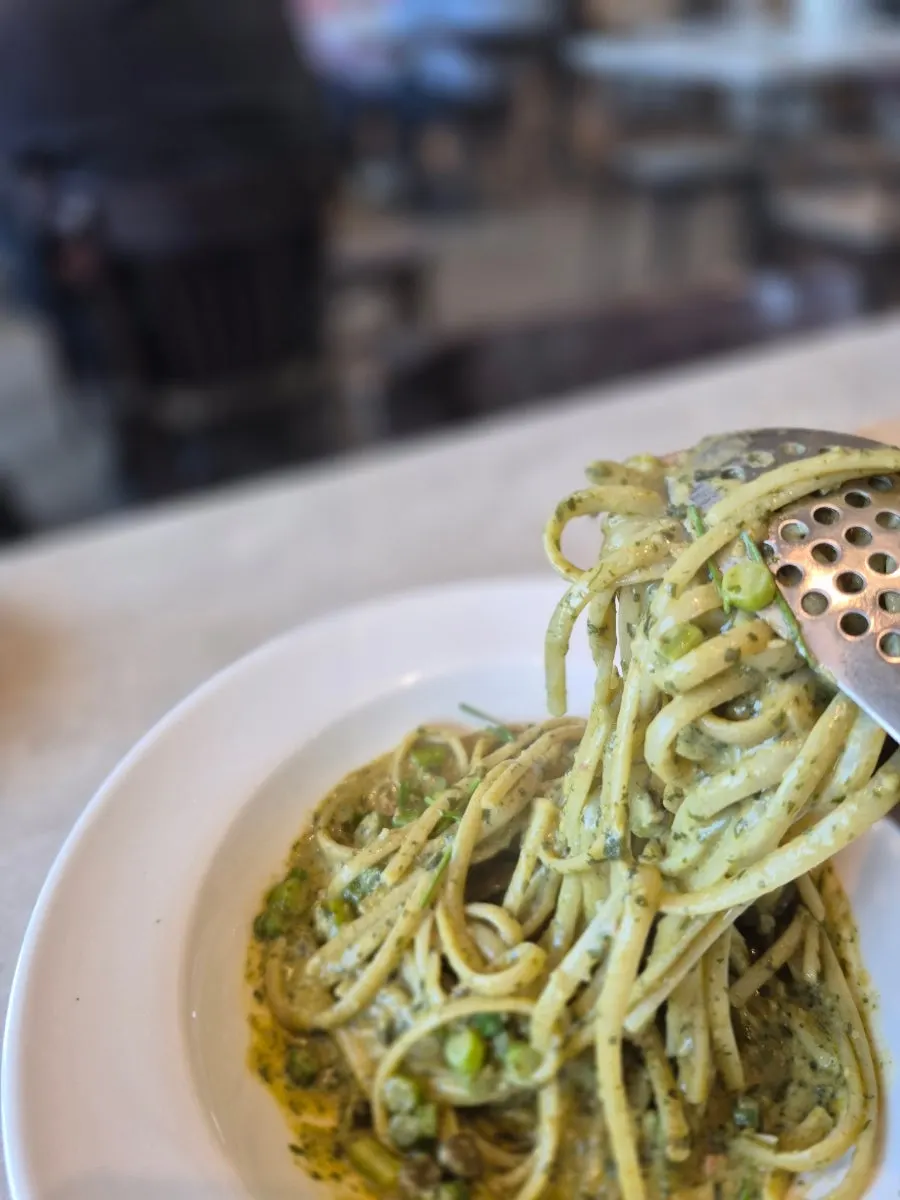 Abalone pasta with garlic scapes and chorizo