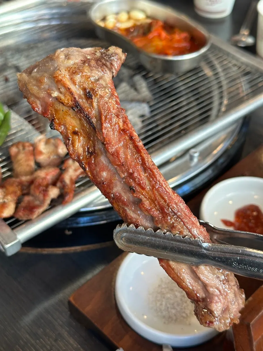 Fresh galbi cooked with a smoky charcoal aroma
