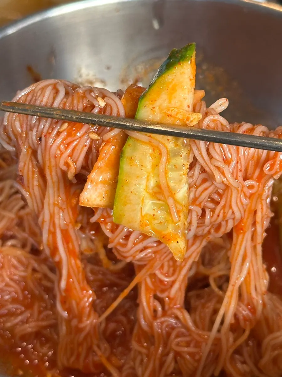 Close-up of the bibim naengmyeon noodles