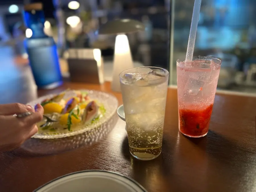 Two glasses: Matgim highball and strawberry mint ade
