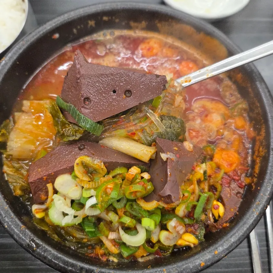 Seonji haejangguk loaded with glass noodles and green onion