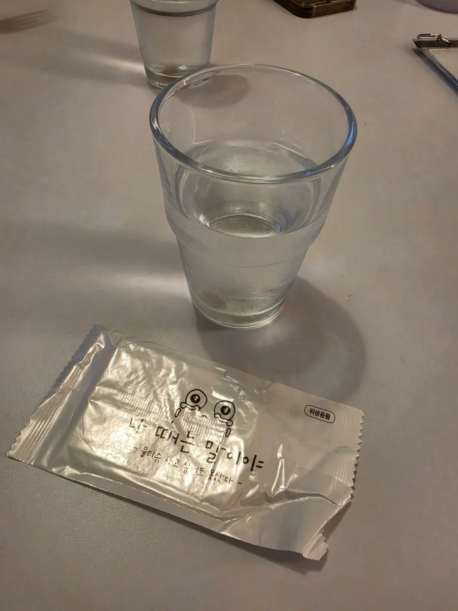 Wet wipes placed on the table beforehand
