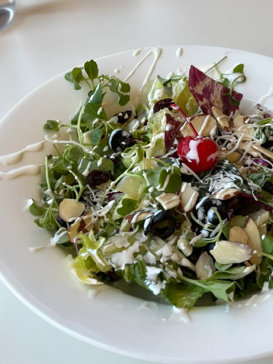 Vegetable salad topped with a tangy sauce