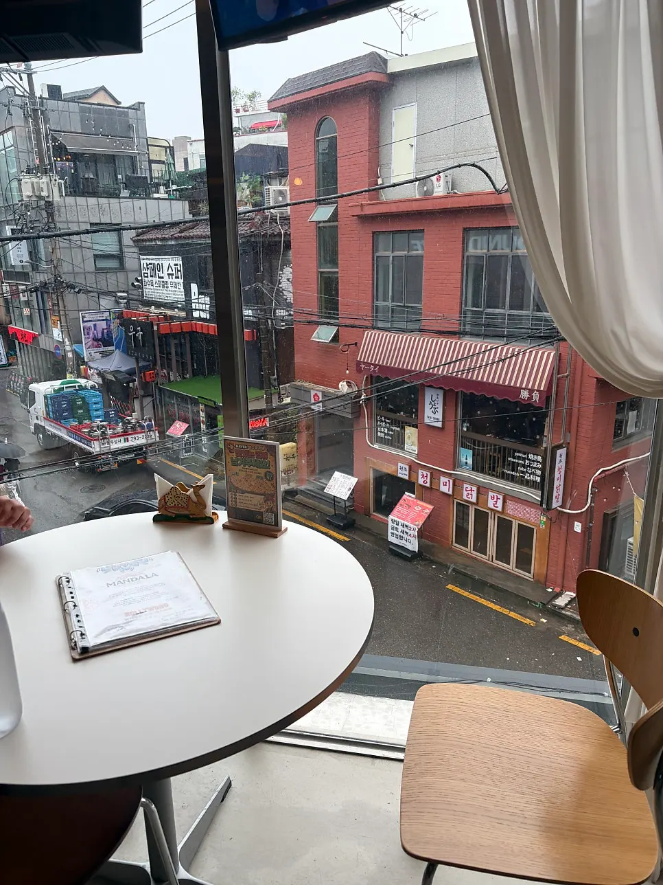 Window seat overlooking Hapjeong's dining street