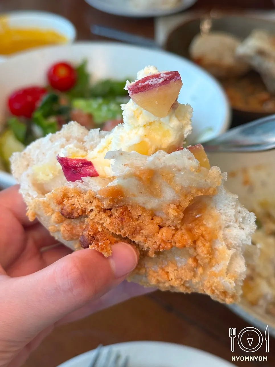 Sweet potato cream cheese ciabatta topped with injeolmi crumble