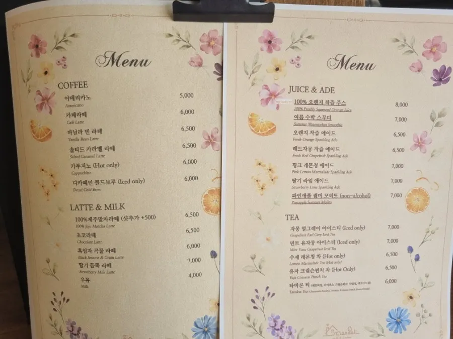 Menu listing pasta and sandwiches