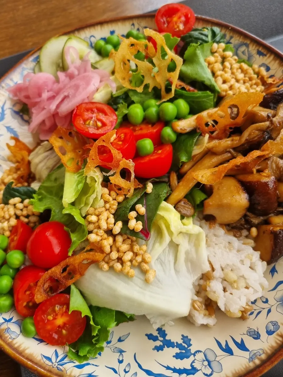 A bowl of mushroom confit grain salad