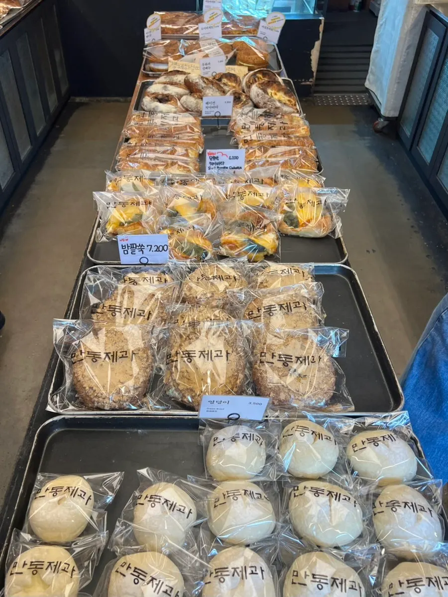 Shelf displaying various kinds of bread