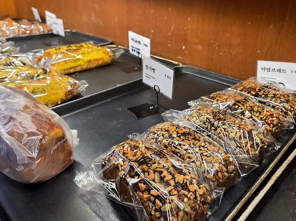 Bread display inside the cozy takeout-only shop