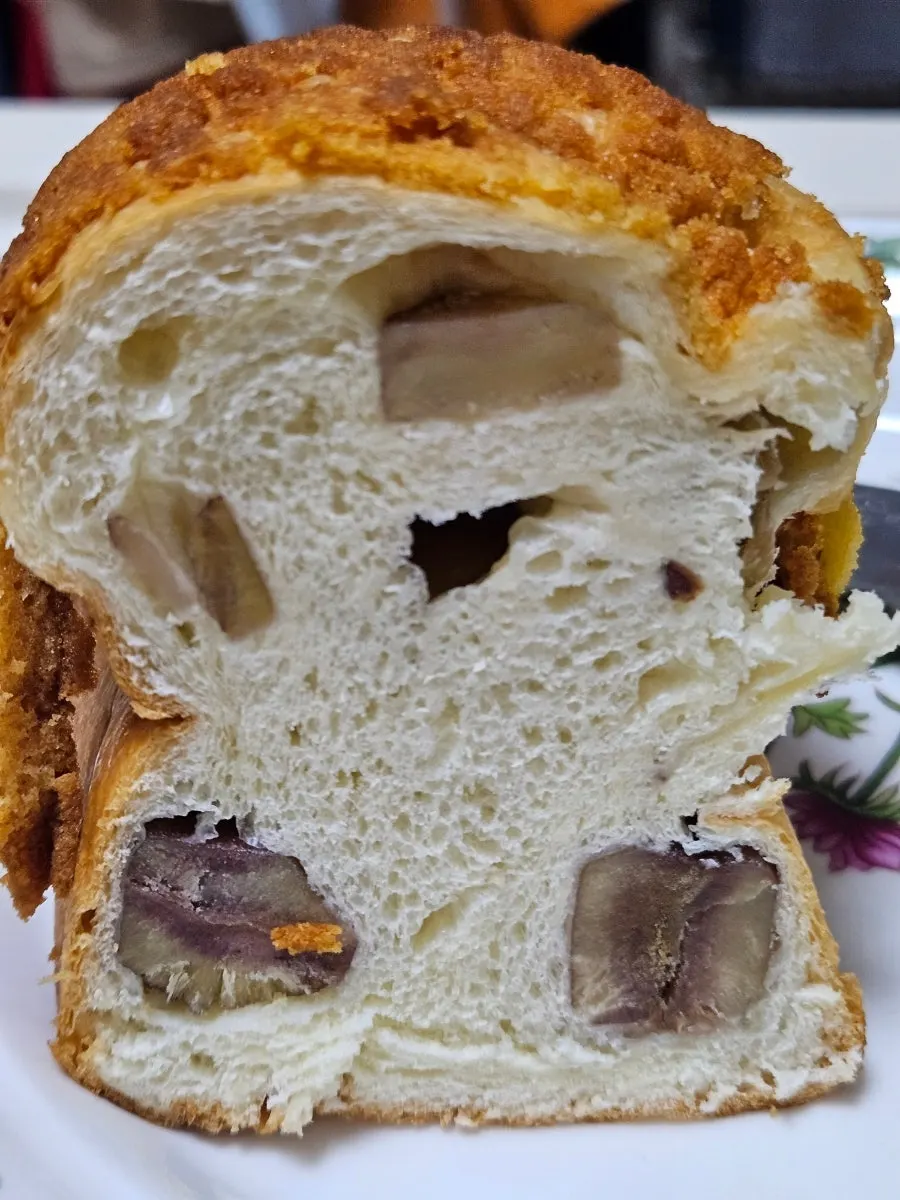 Cross-section of chestnut bread showing large chestnut chunks
