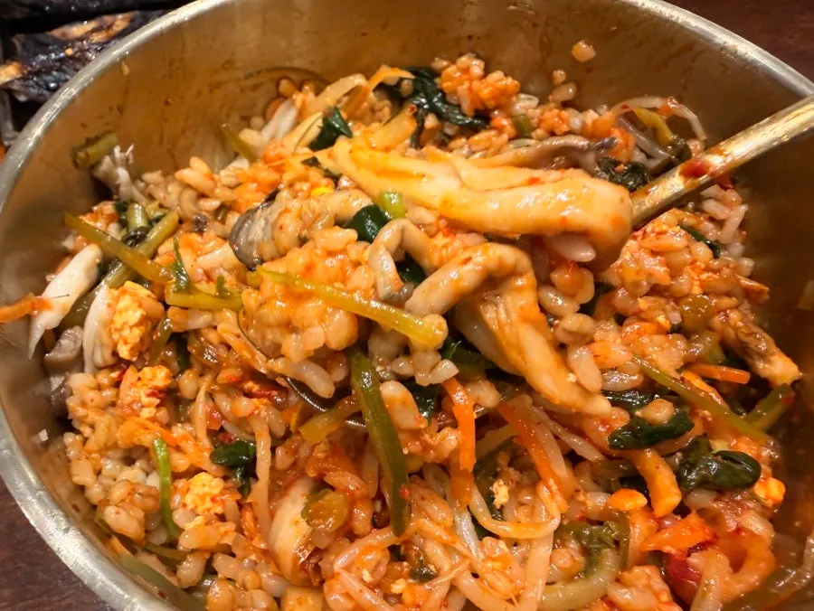 Barley rice bibimbap topped with doenjang-jjigae