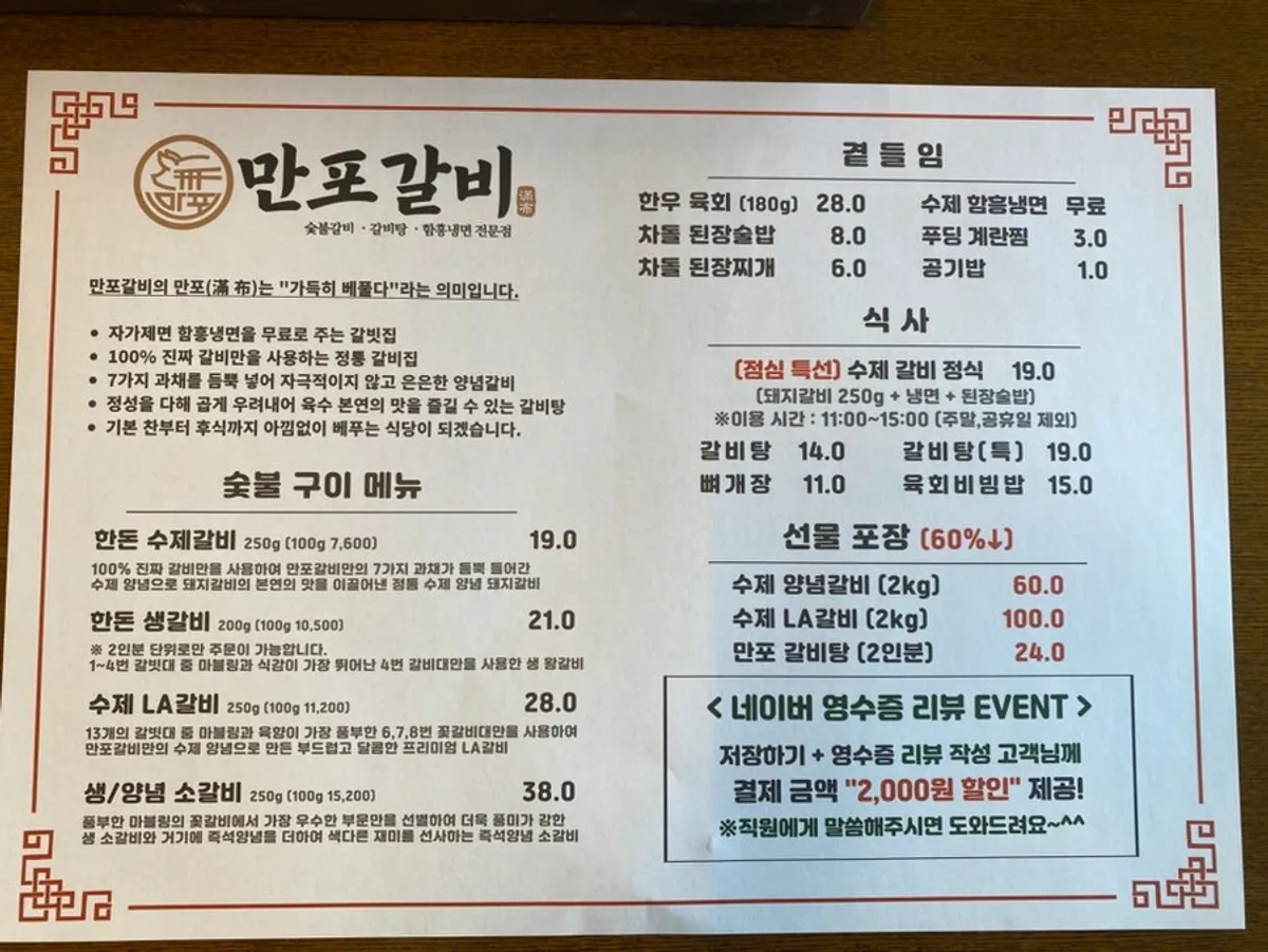 Menu board at Manpo Galbi Yangju Main Branch