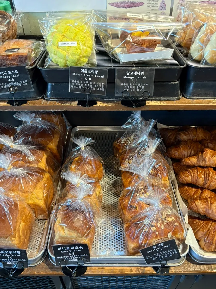 Types of bread on display at Boulangerie Copain