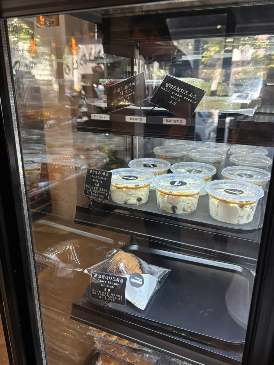 Bread display case with price tags at Boulangerie Copain