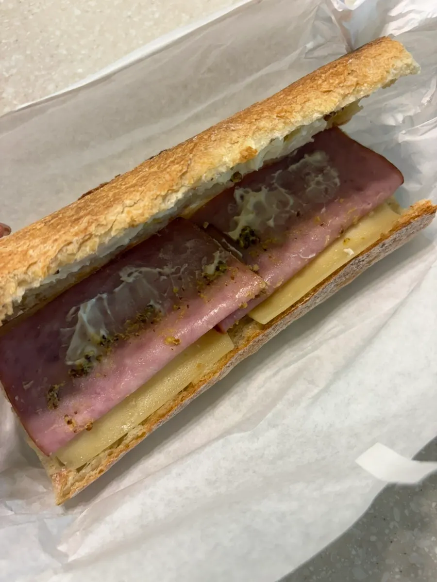 Cross-section of the ham and cheese baguette sandwich