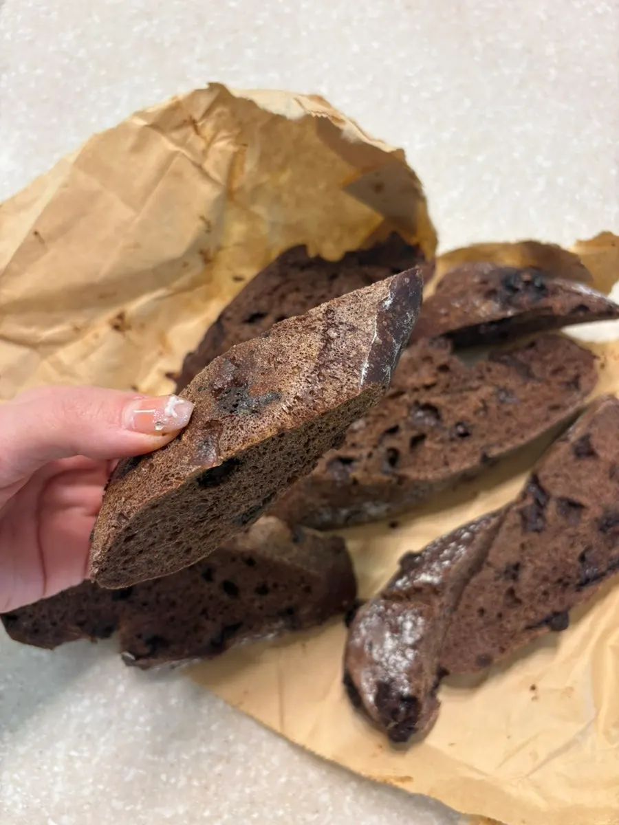 Cross-section of the chocolate baguette showing chocolate chips