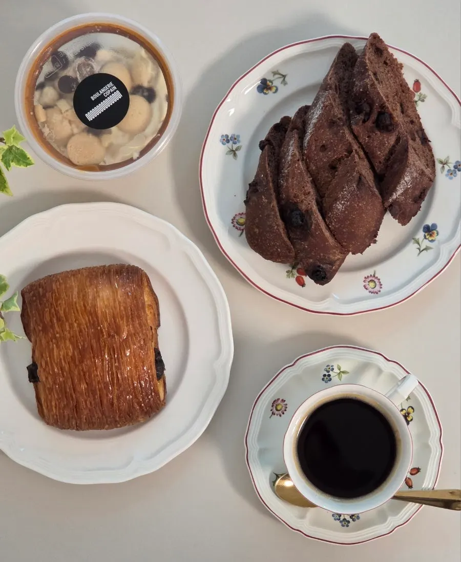 Chocolate baguette and coffee set up at home