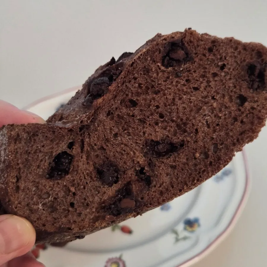 Cross-section of the chocolate baguette showing chocolate chunks