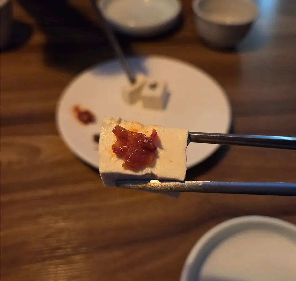 Doenjang, changnan-jeot, and stir-fried kimchi accompaniments