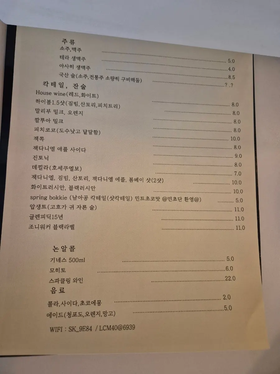 Macho Nacho's drink menu