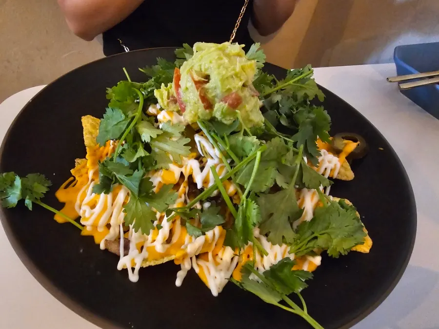 A hand next to the nacho plate for scale comparison