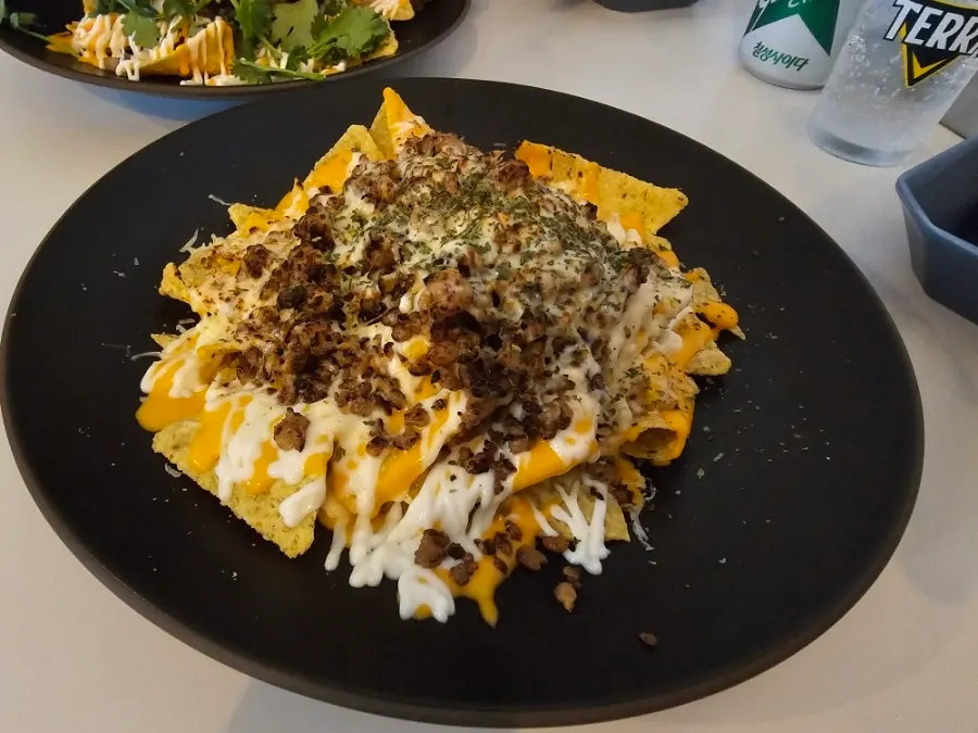 Meat sobo nachos piled high with cheese