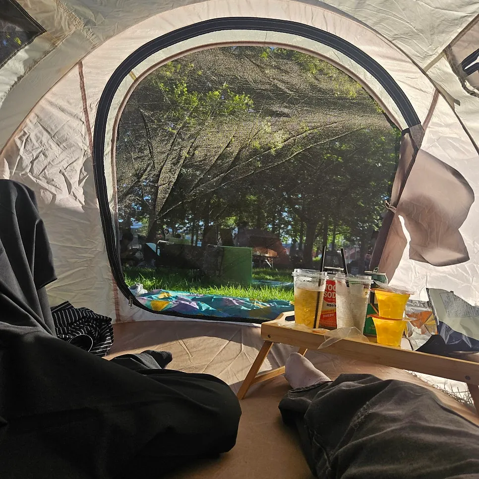 Inside the tent, spacious enough to lie down and rest