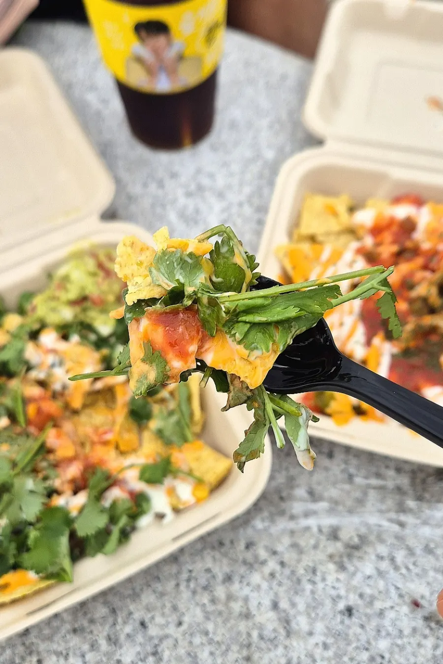 Sauce-soaked nacho chips from the cilantro nacho