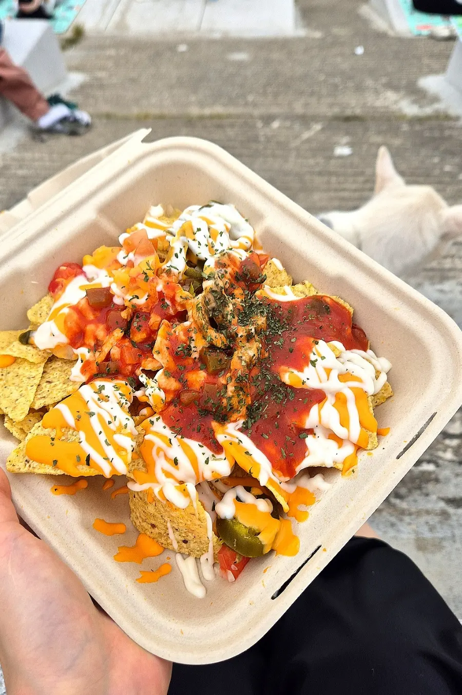 Close-up of cheese sauce over the Macho Nacho chips