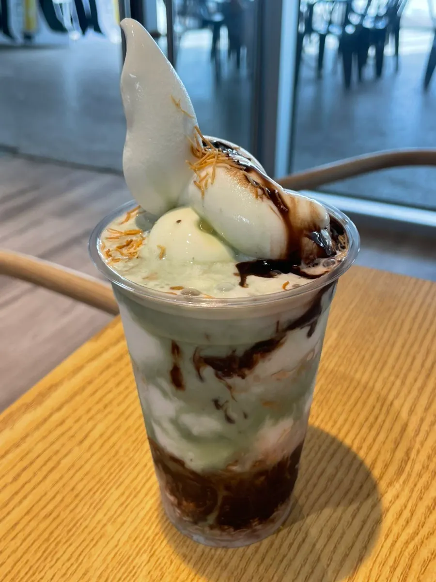 Dubai Chocolate Bingsu with pistachio syrup
