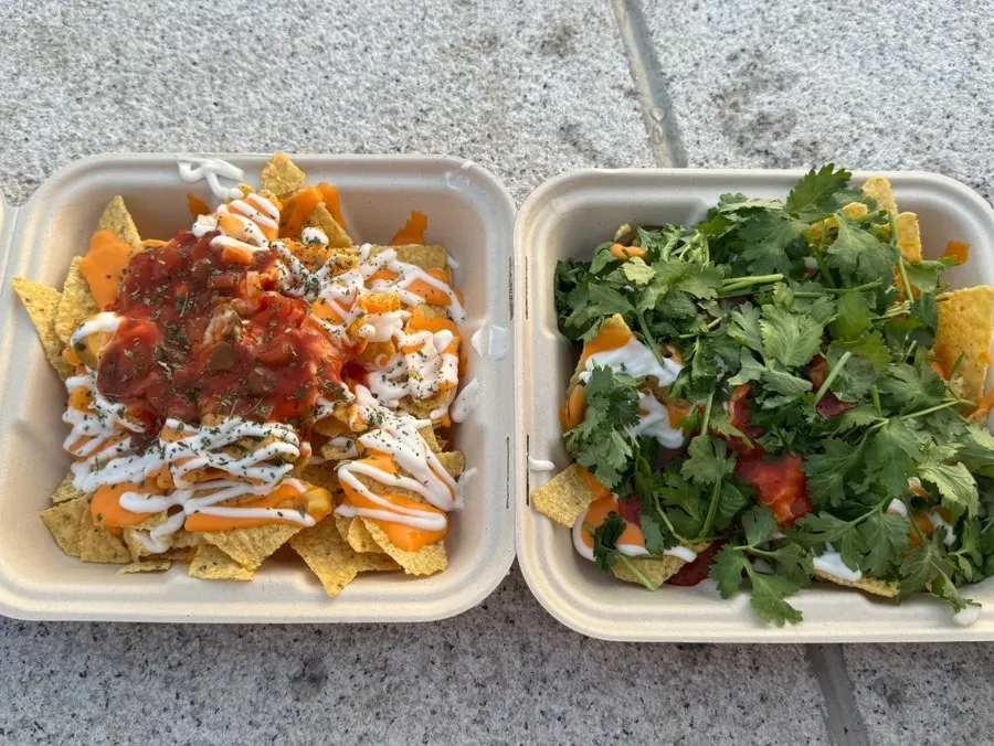 Two plates: basic nachos and cilantro-topped nachos