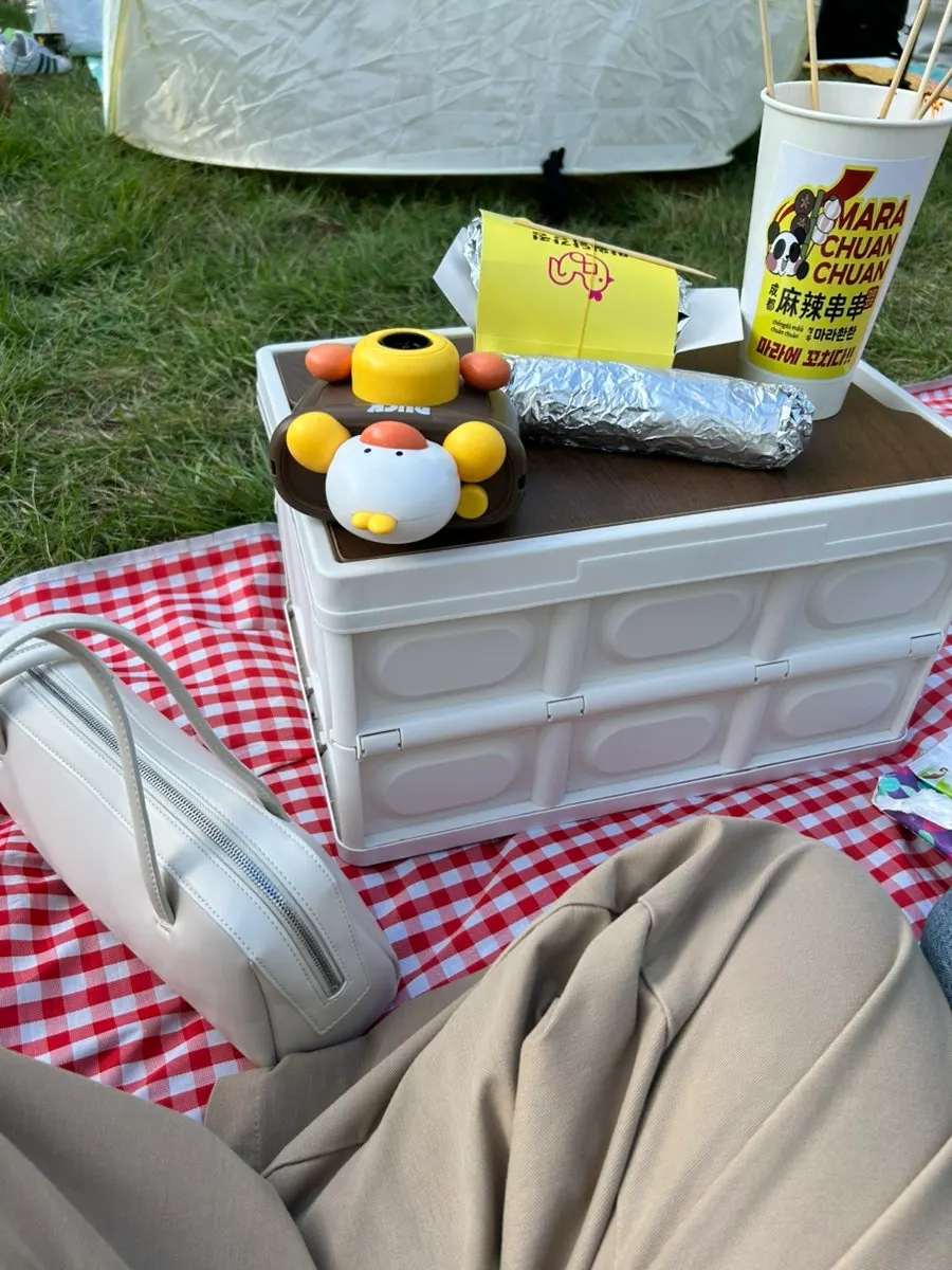 Han River picnic spot set up with camping chairs and table