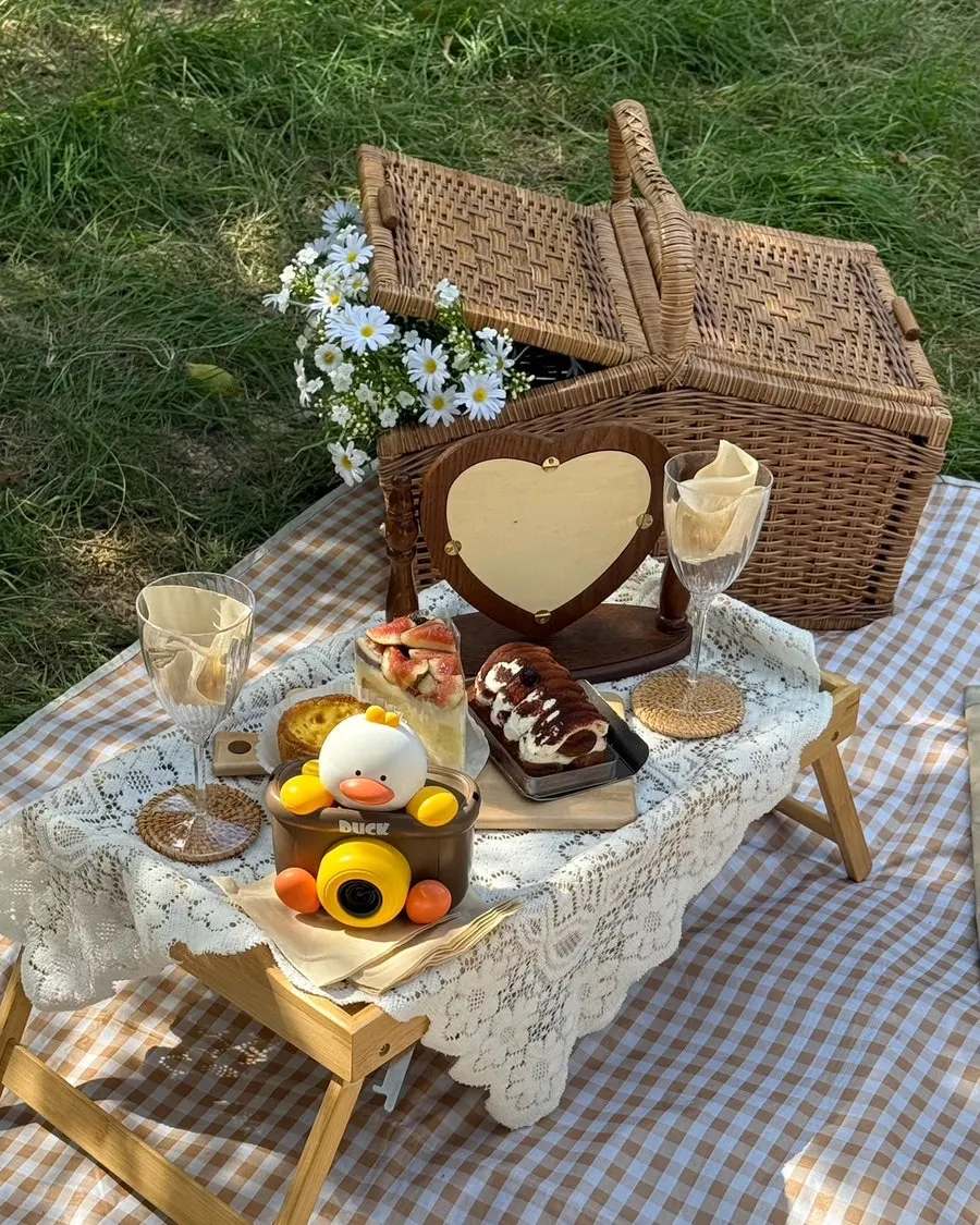 Picnic setup with wood props at Mangwon Han River Park